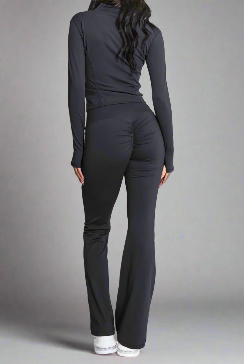 Super Active Zip Top and Push Up Flared Trousers Ruched Bum Gym Set