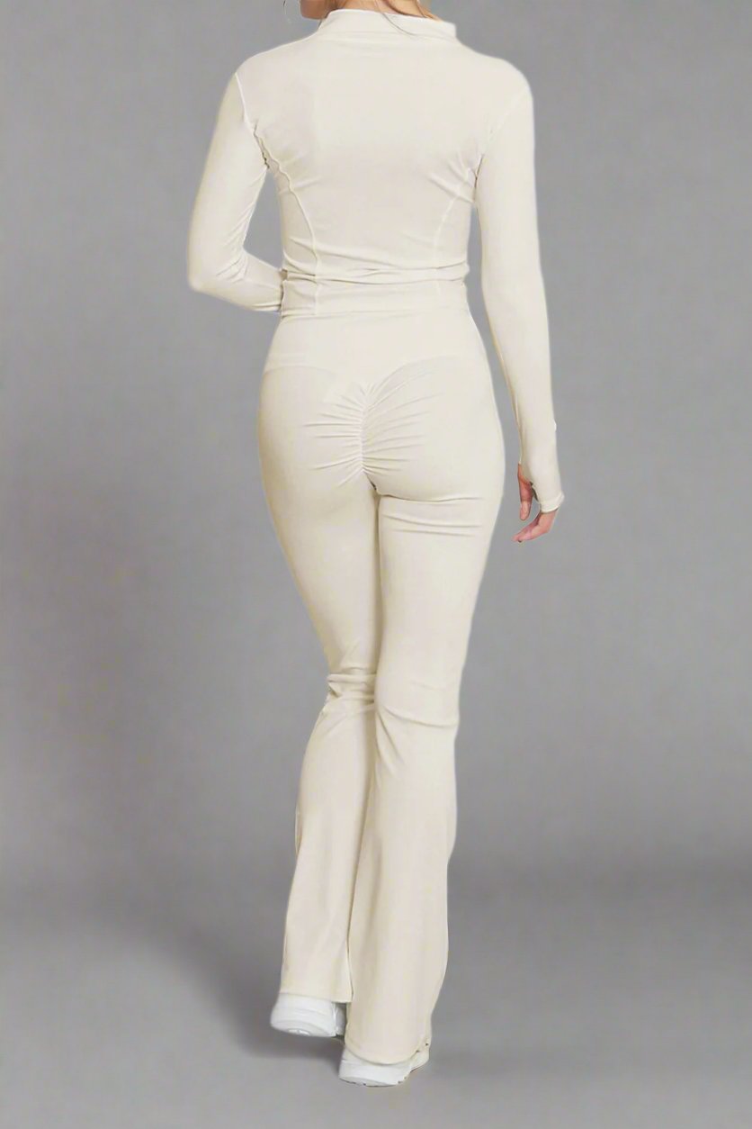 Super Active Zip Top and Push Up Flared Trousers Ruched Bum Gym Set