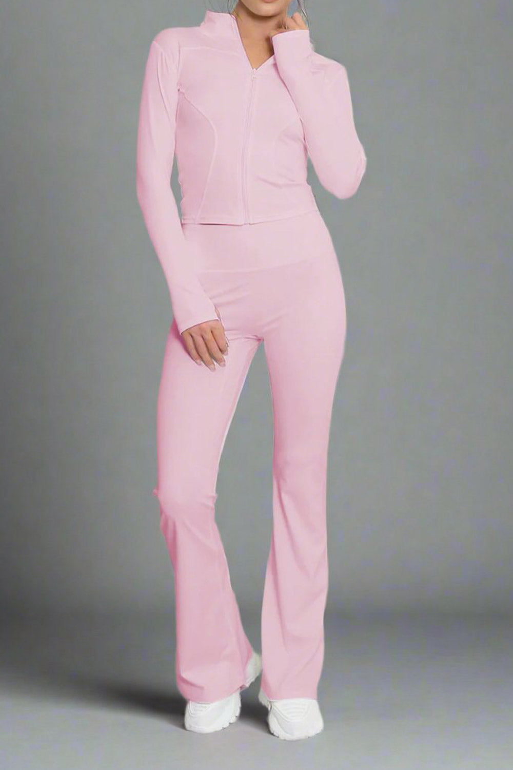 Super Active Zip Top and Push Up Flared Trousers Ruched Bum Gym Set