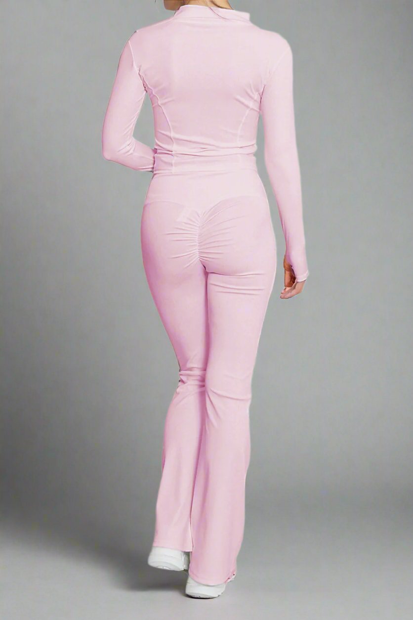 Super Active Zip Top and Push Up Flared Trousers Ruched Bum Gym Set