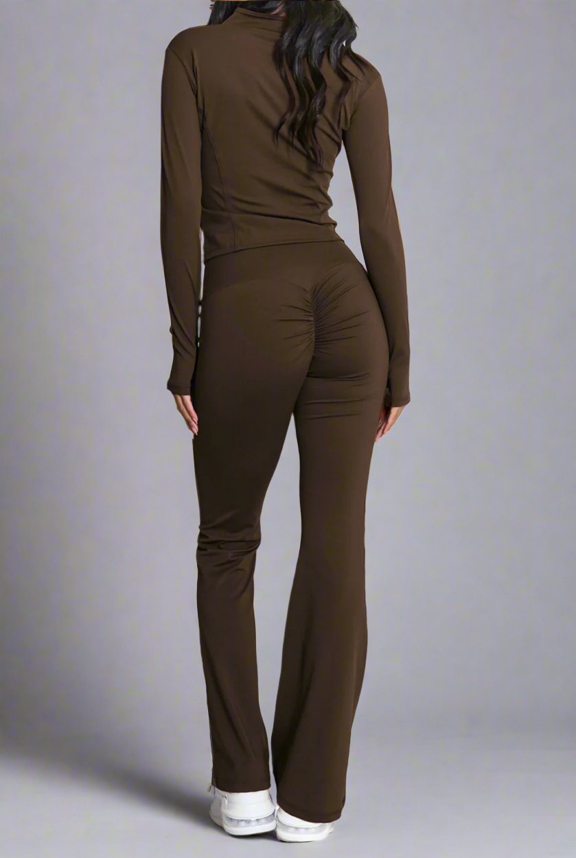 Super Active Zip Top and Push Up Flared Trousers Ruched Bum Gym Set