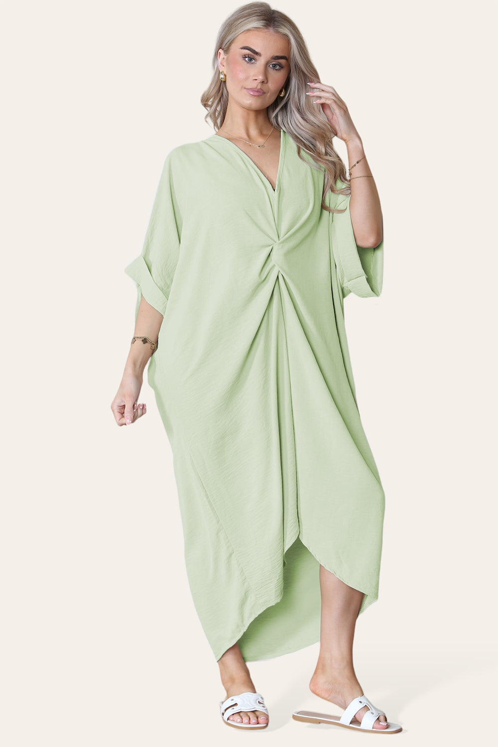 Womens V-Neck Tie Knotted Twisted Front Oversized Longline Midi Dress