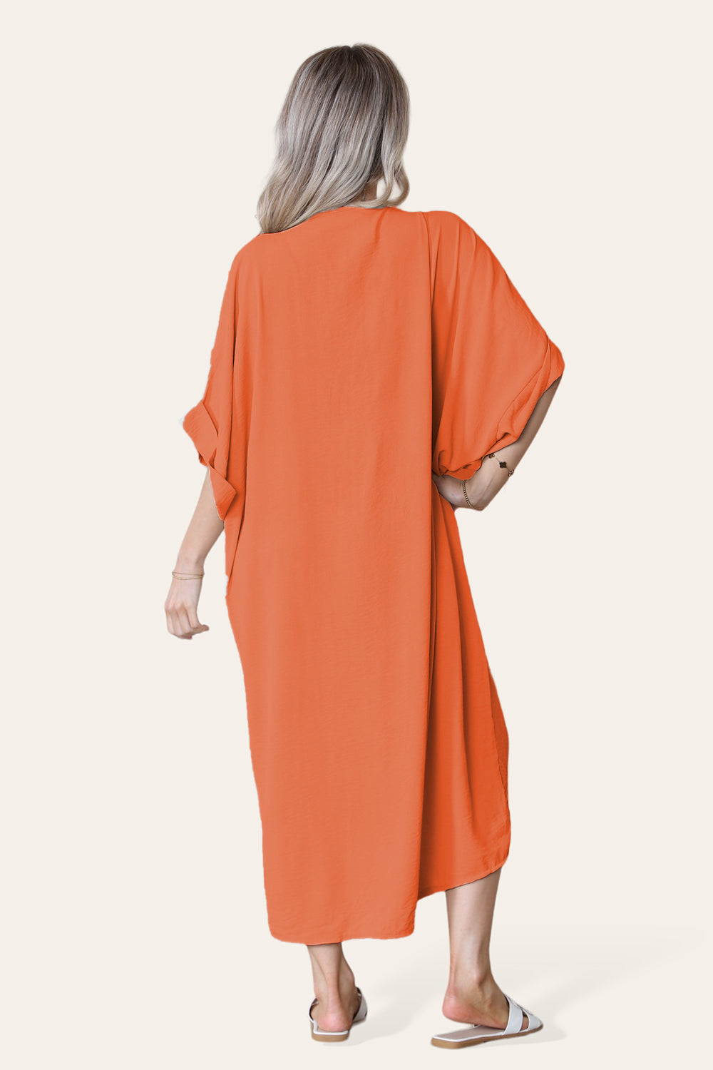 Womens V-Neck Tie Knotted Twisted Front Oversized Longline Midi Dress