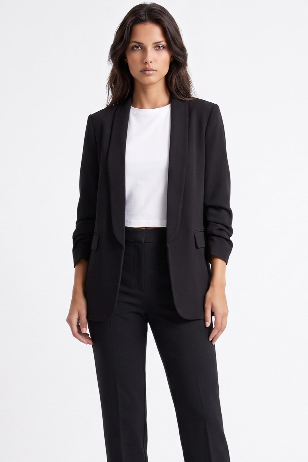 Black Blazer with Ruched Sleeves-1