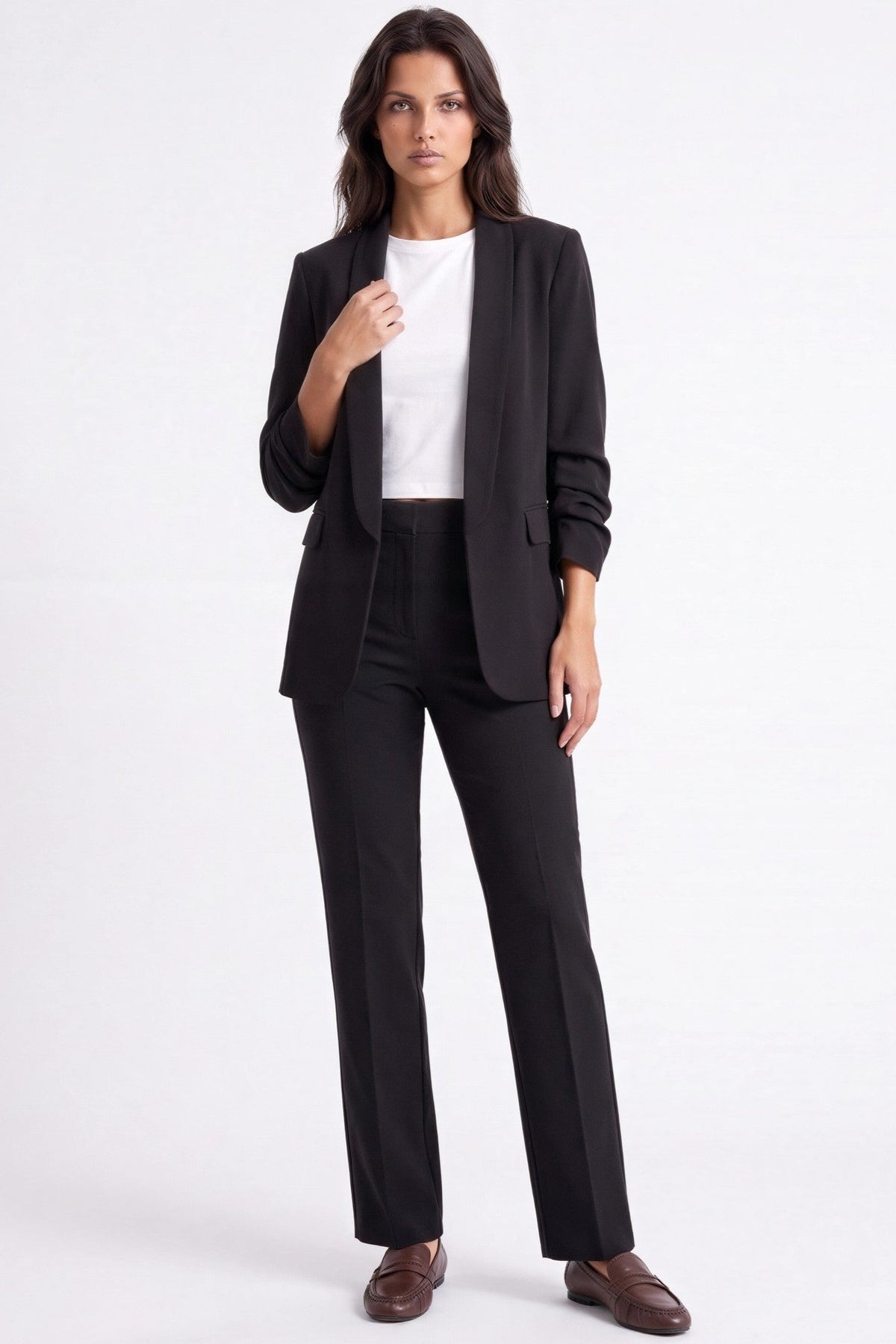 Black Blazer with Ruched Sleeves-0