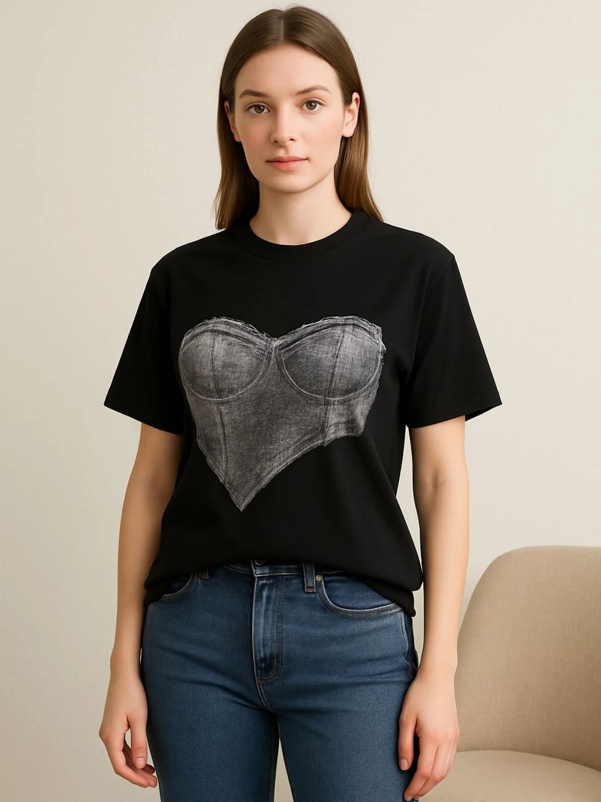 Denim Bra Patch T-Shirt Top