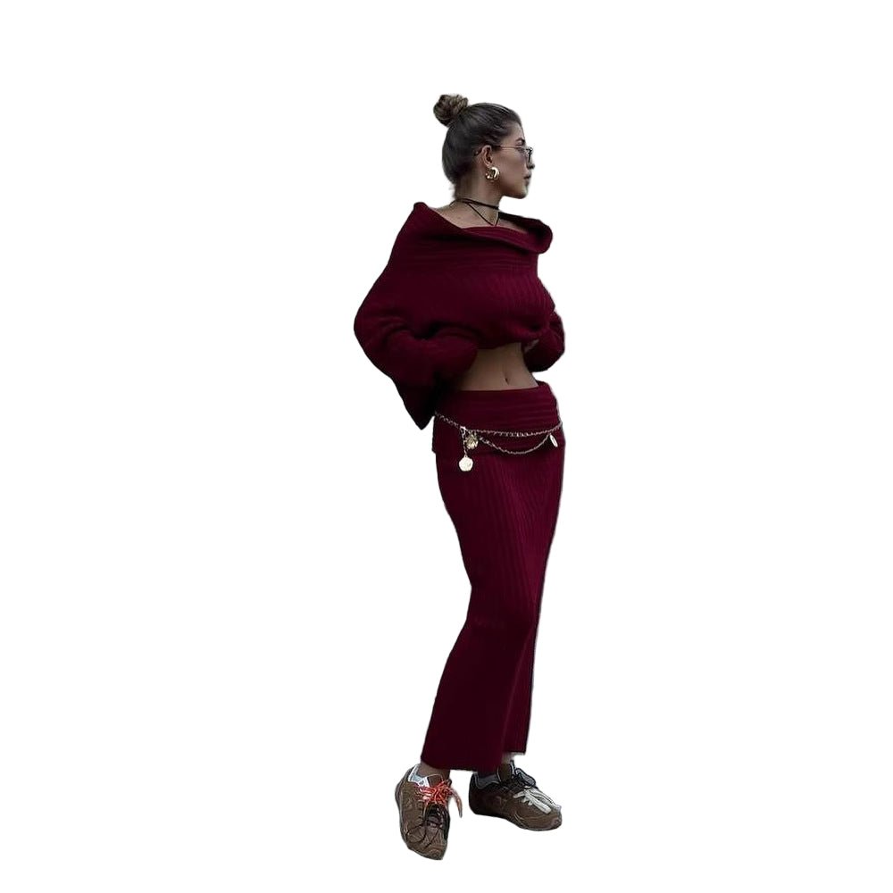 Women’s Winter Knitted Two-Piece Set – Off-Shoulder Sweater & Slim Skirt