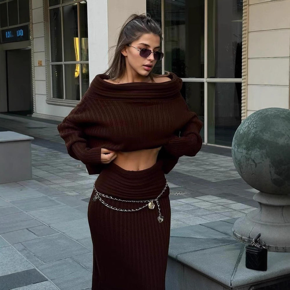 Women’s Winter Knitted Two-Piece Set – Off-Shoulder Sweater & Slim Skirt