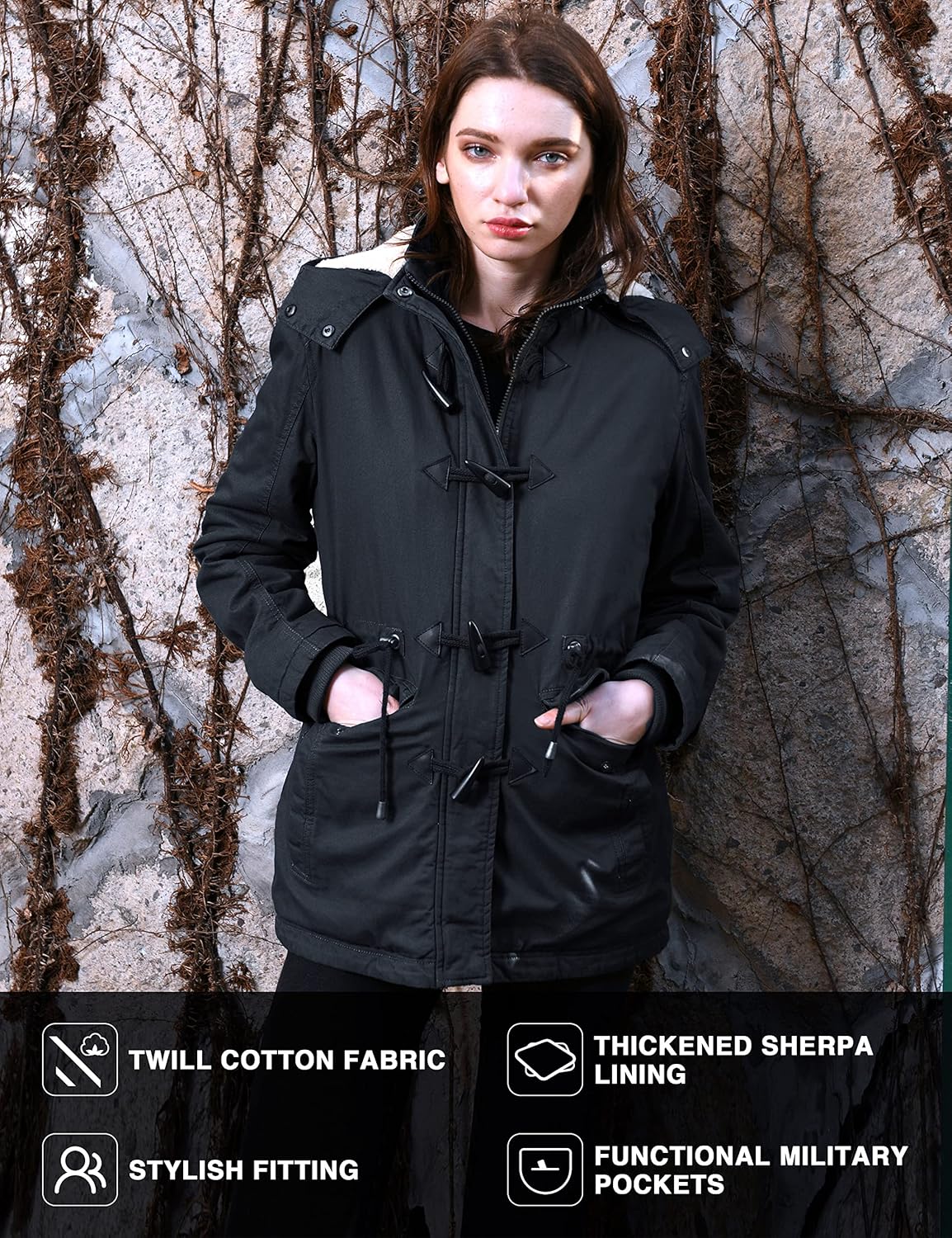 Womens Winter Parka Coat Sherpa Lined Hooded Twill Cotton Size L Black