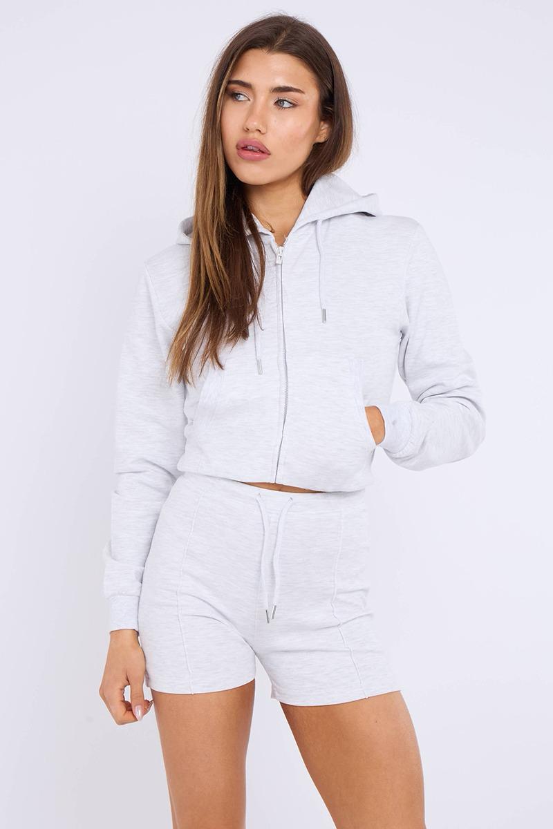 Zipped Hooded Crop Top & Seam Detail Shorts Fleece Co-ord