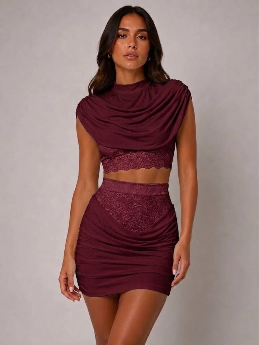 Draped High Neckline Lace Detail Top & Skirt Co-Ord