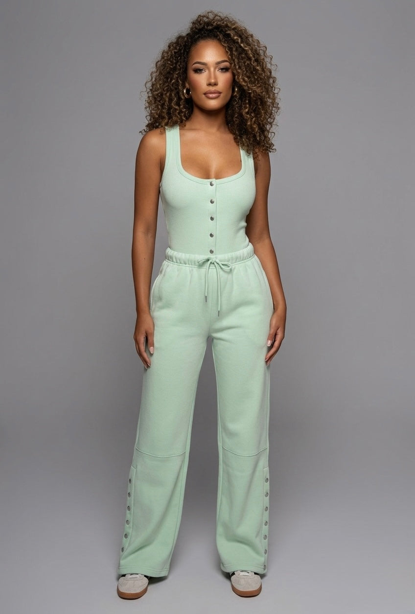 Button Detail Ribbed Bodysuit & Fleece Jogger Set
