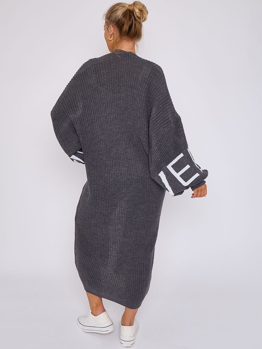 LOVE Detail Balloon Sleeves Knitted Open Cardigan