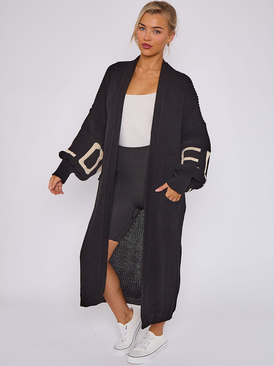 LOVE Detail Balloon Sleeves Knitted Open Cardigan