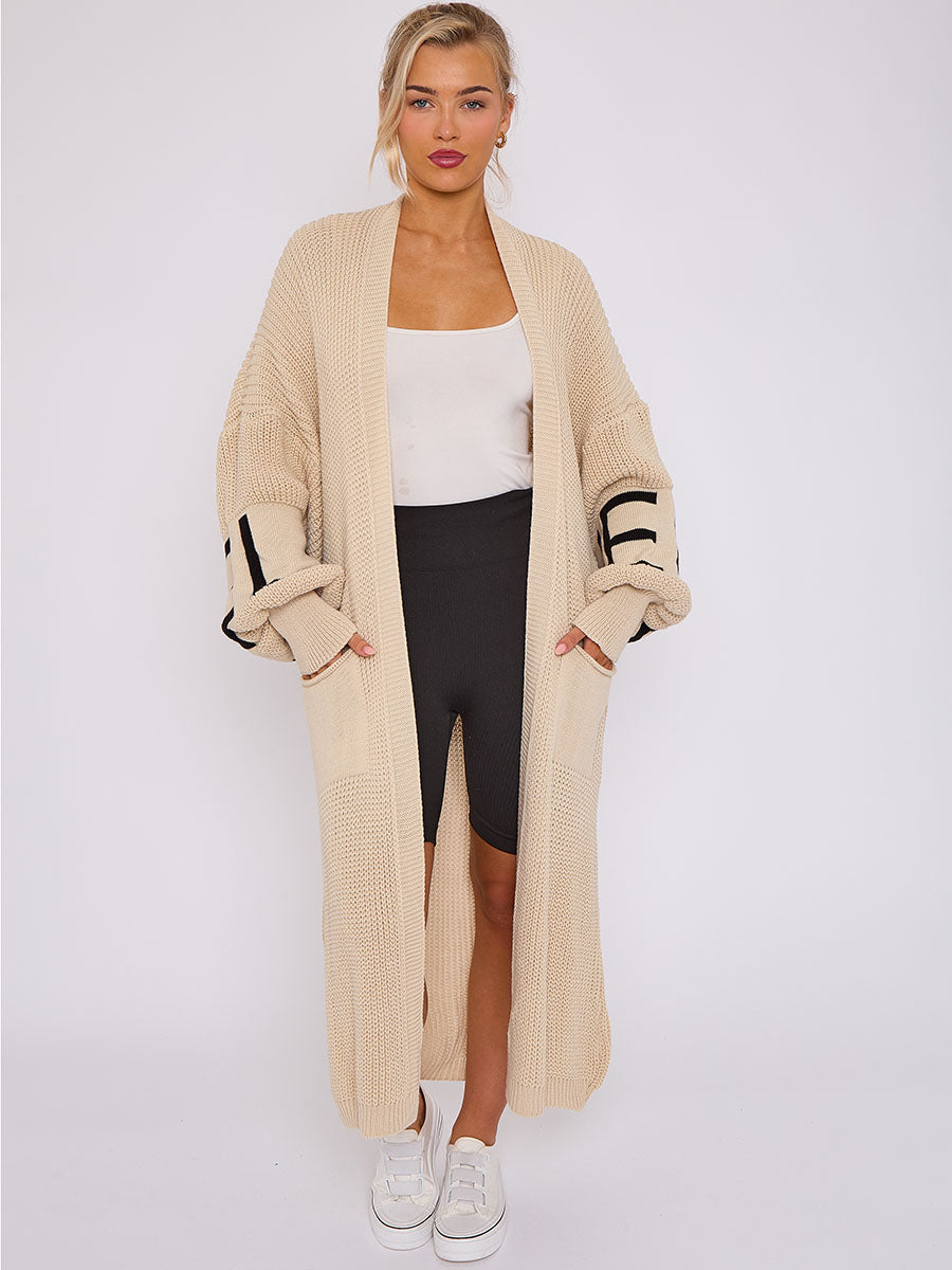 LOVE Detail Balloon Sleeves Knitted Open Cardigan