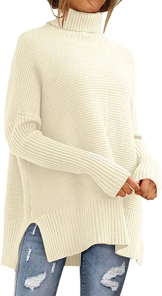 Women's Oversized Turtleneck Sweaters Fall Batwing Sleeve Ribbed Tunic Sweater