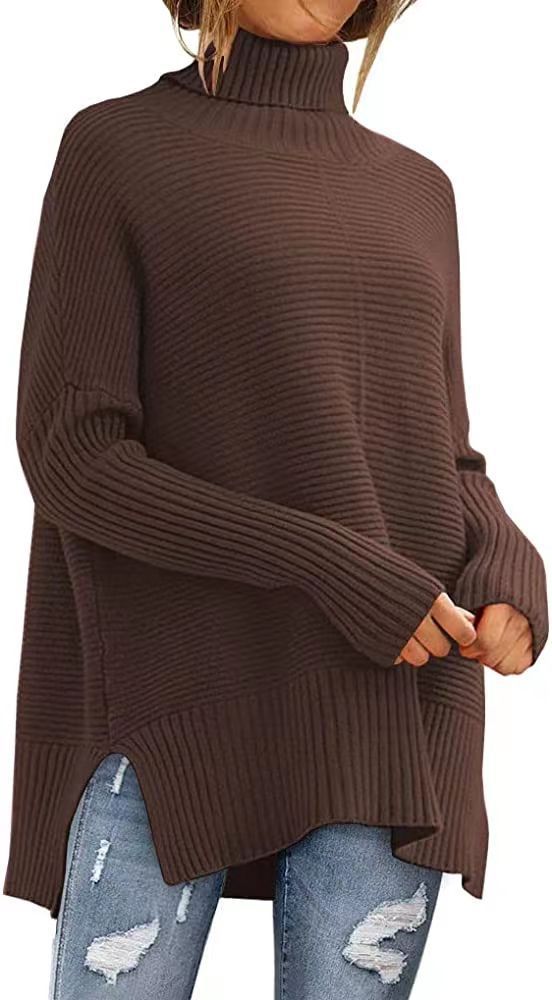 Women's Oversized Turtleneck Sweaters Fall Batwing Sleeve Ribbed Tunic Sweater