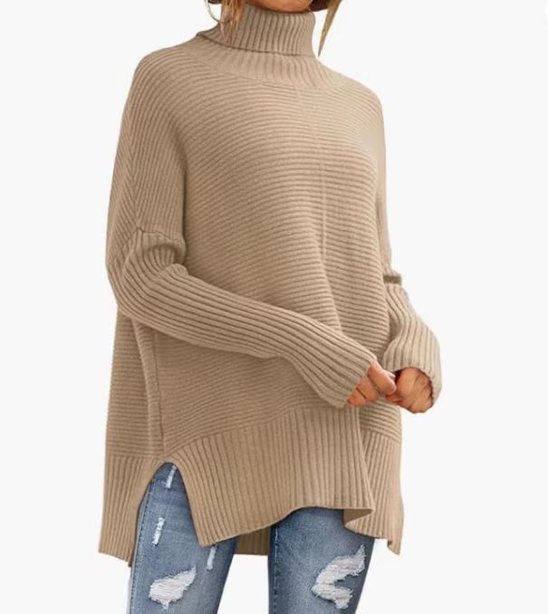 Women's Oversized Turtleneck Sweaters Fall Batwing Sleeve Ribbed Tunic Sweater