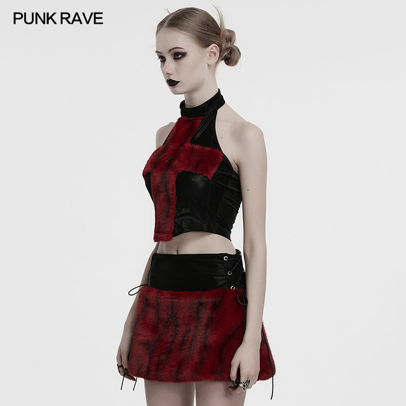 Punk Rave Valora Cross Fur Halter Top in Crimson