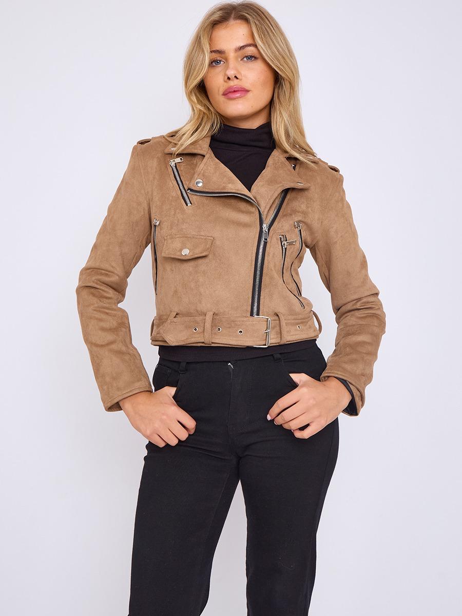 Faux Suede Cropped Biker Jacket With Belt