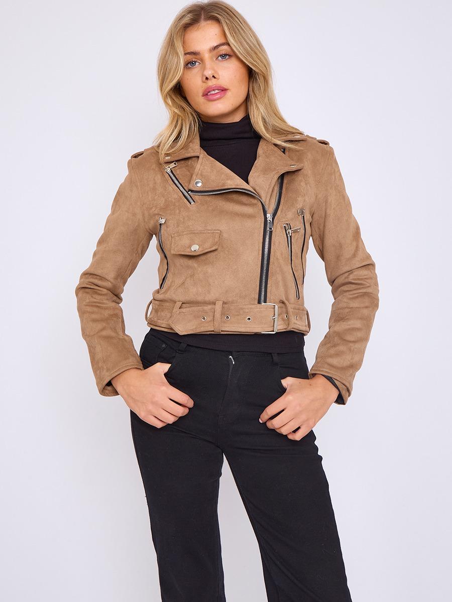 Faux Suede Cropped Biker Jacket With Belt