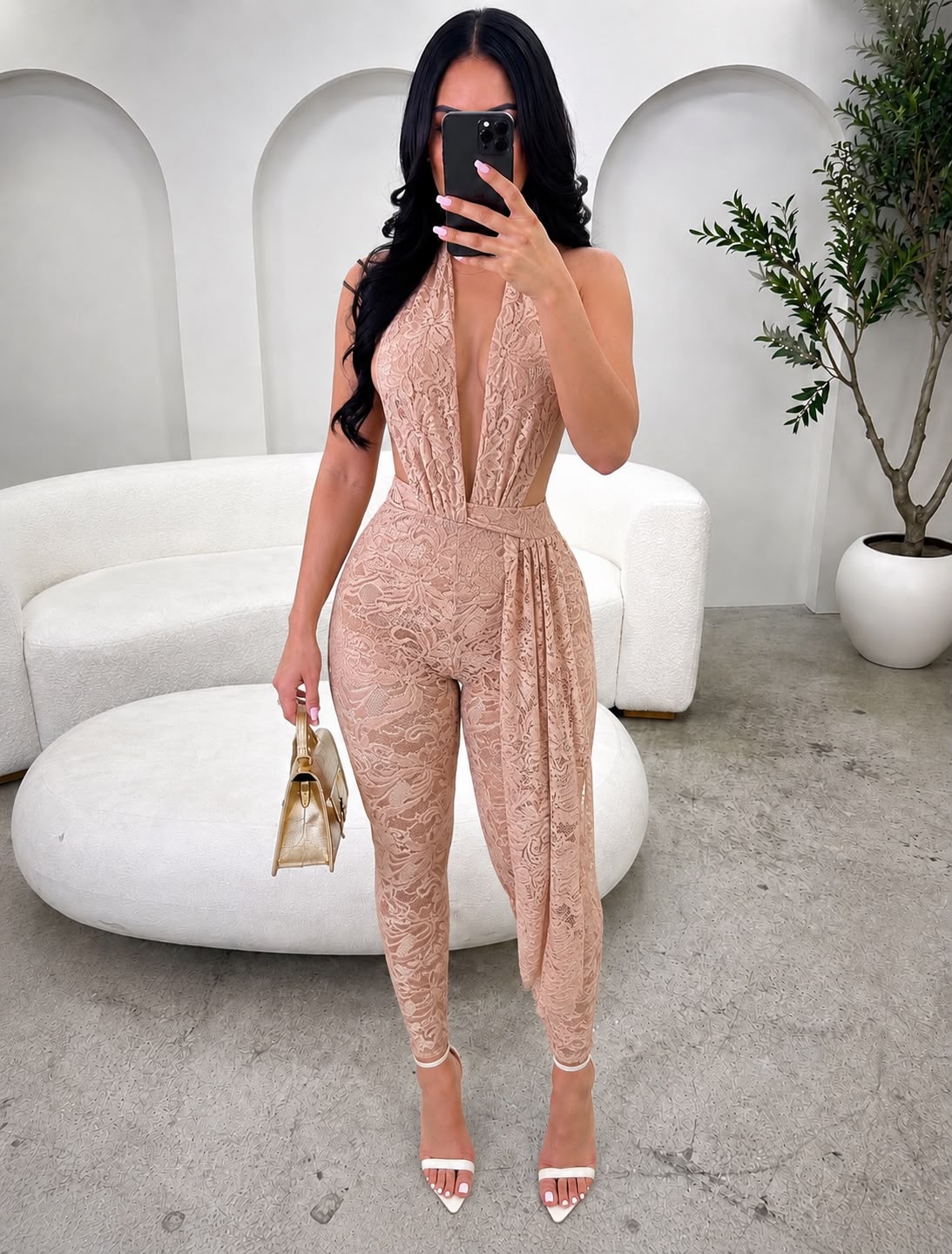 Lace Deep Plunge Halter Neckline Jumpsuit