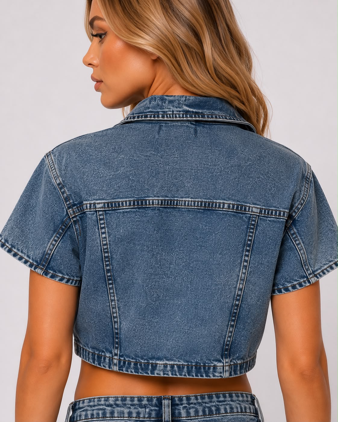 Collar Cropped Button-Up Denim Shirt
