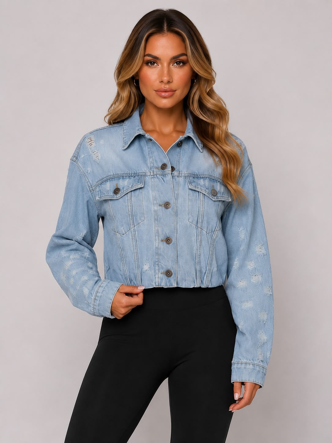 Light Wash Distressed Cropped Denim Jacket