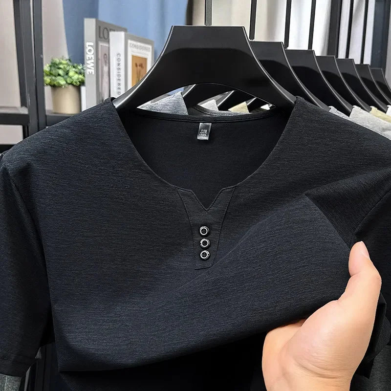 Men’s Three-Button V-Neck T-Shirt – Short Sleeve Top
