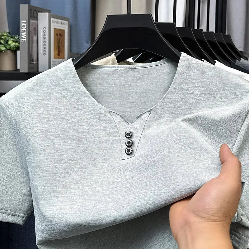 Men’s Three-Button V-Neck T-Shirt – Short Sleeve Top