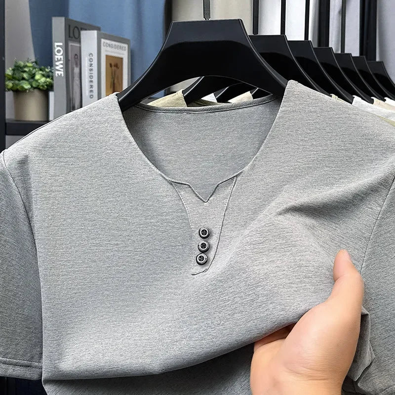 Men’s Three-Button V-Neck T-Shirt – Short Sleeve Top