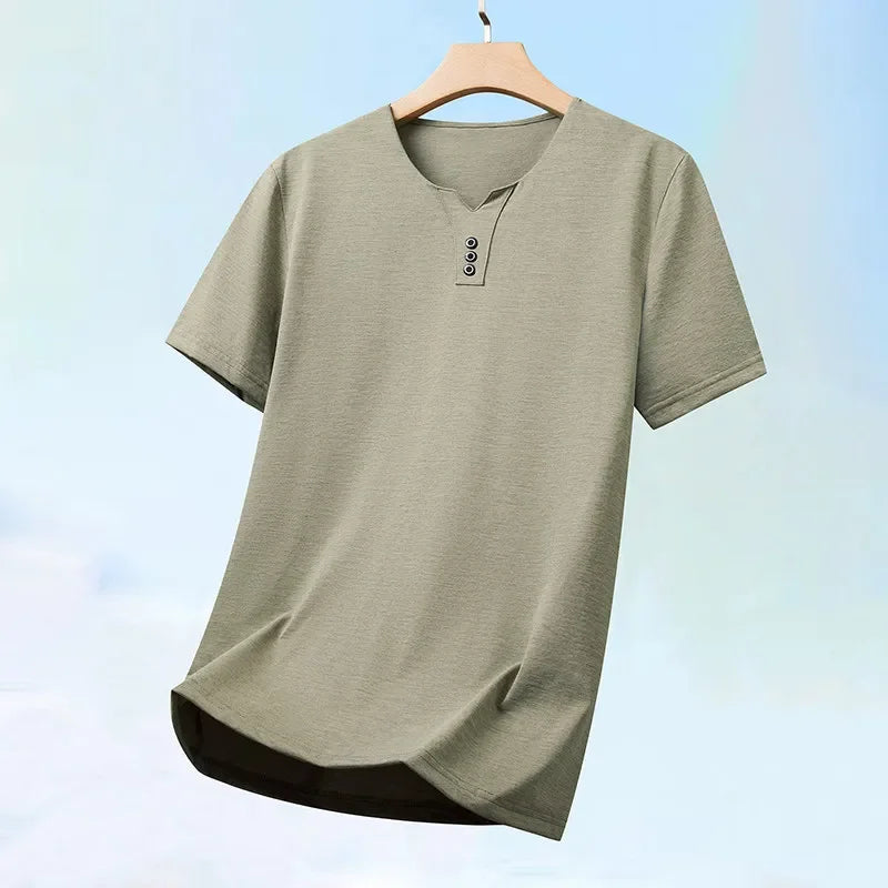 Men’s Three-Button V-Neck T-Shirt – Short Sleeve Top