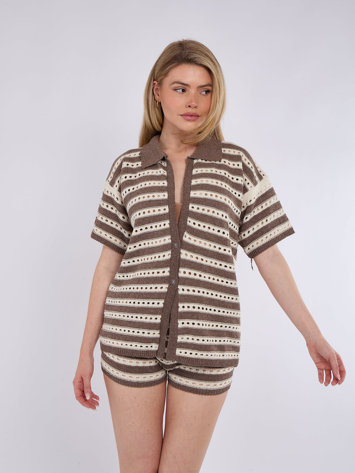 Stripe Crochet Knitted Top and Mirco Shorts