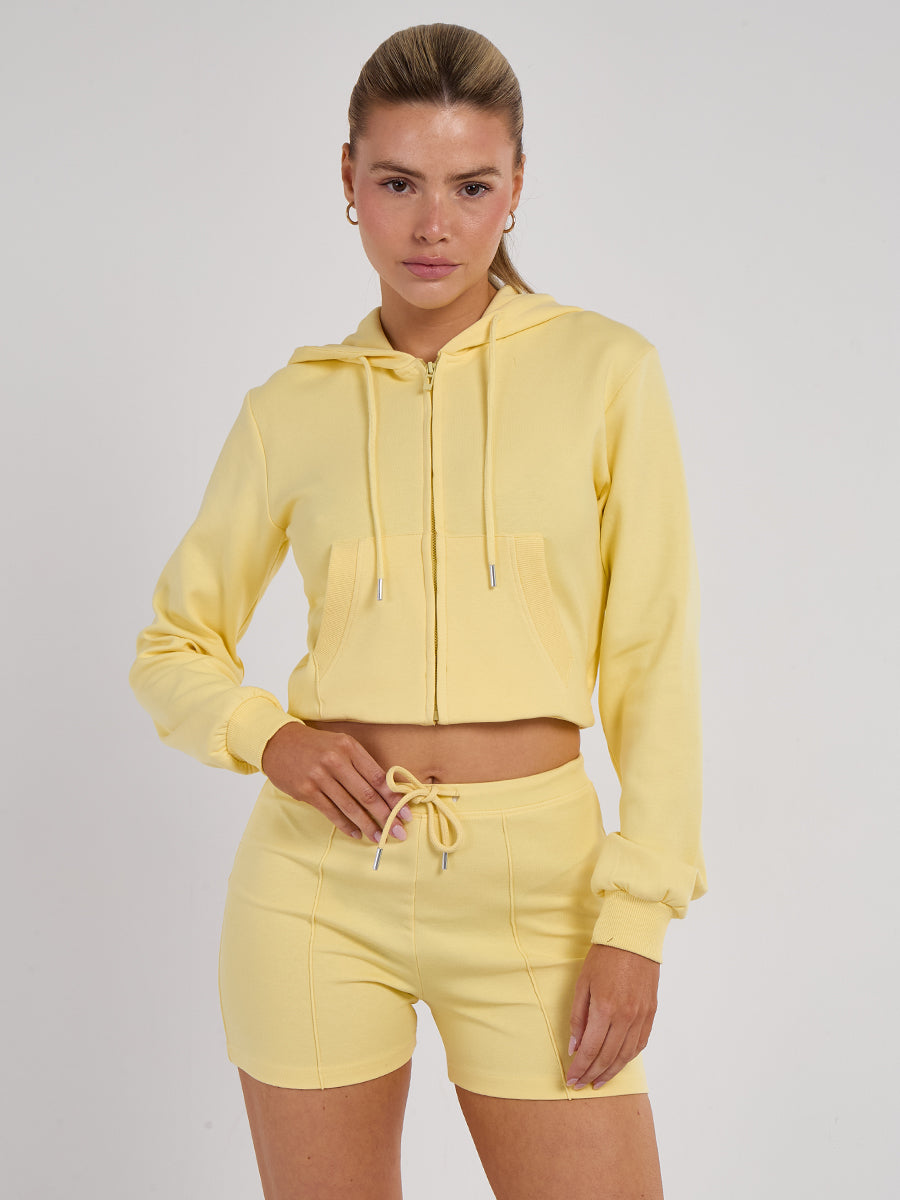 Zipped Hooded Crop Top & Seam Detail Shorts Fleece Co-ord