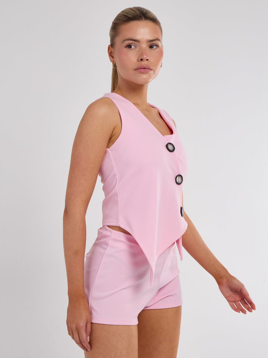 Longline Button Waistcoat Top & Shorts Set