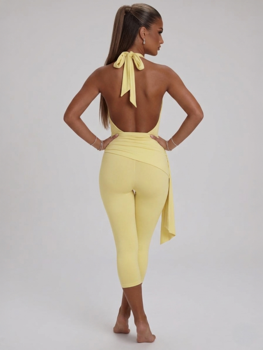 Plunge Halter Neck Ruched Jumpsuit