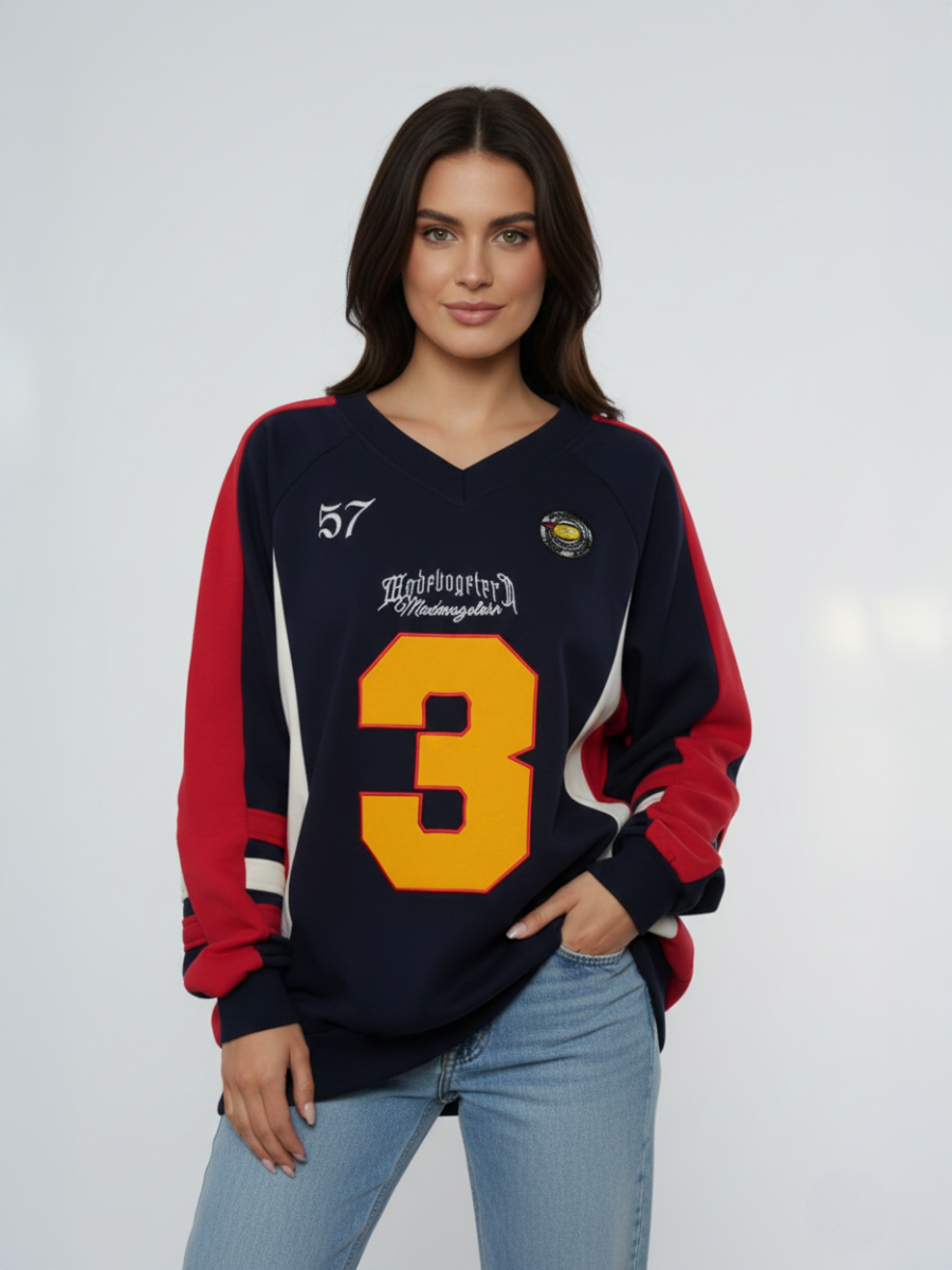 Oversized No.3 Sports V-Neck Sweatshirt