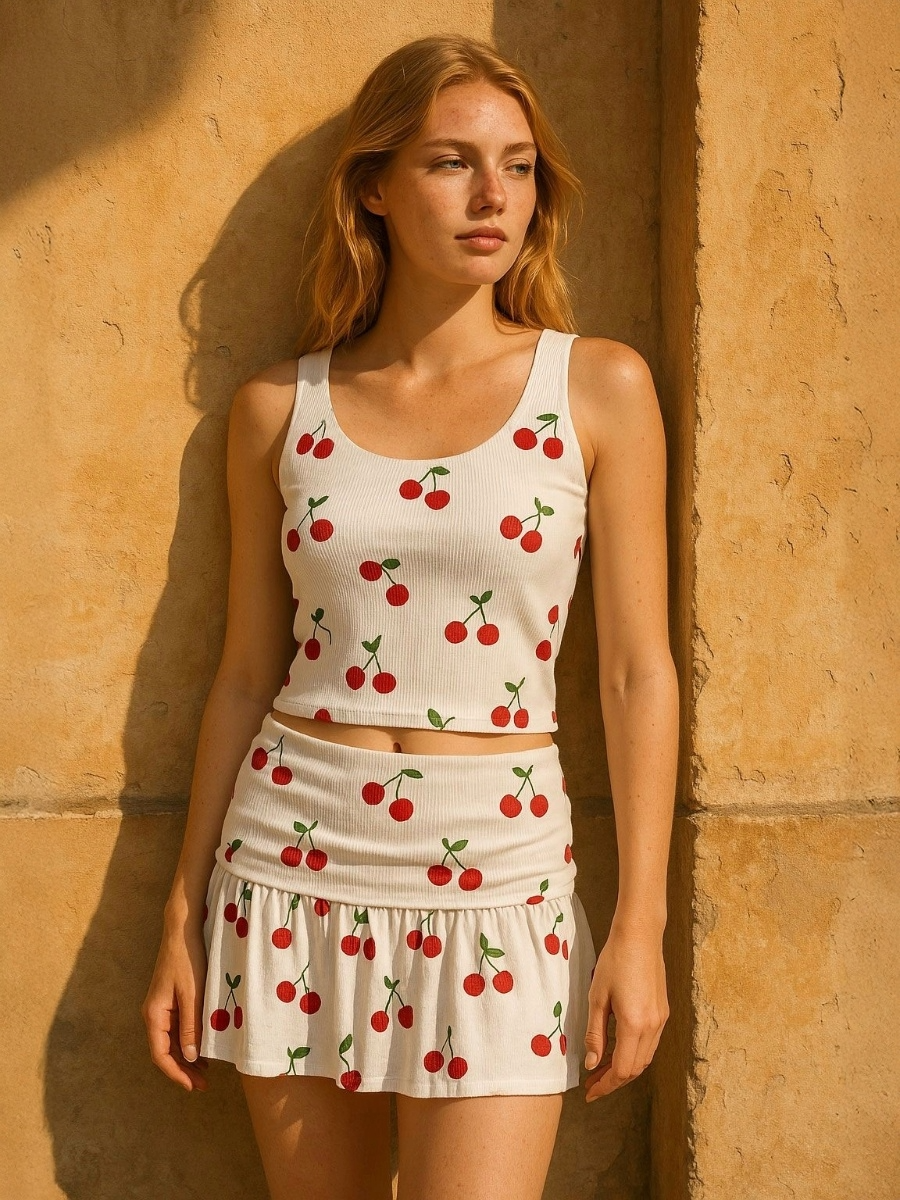 Cherry Print Slinky Mini Skort