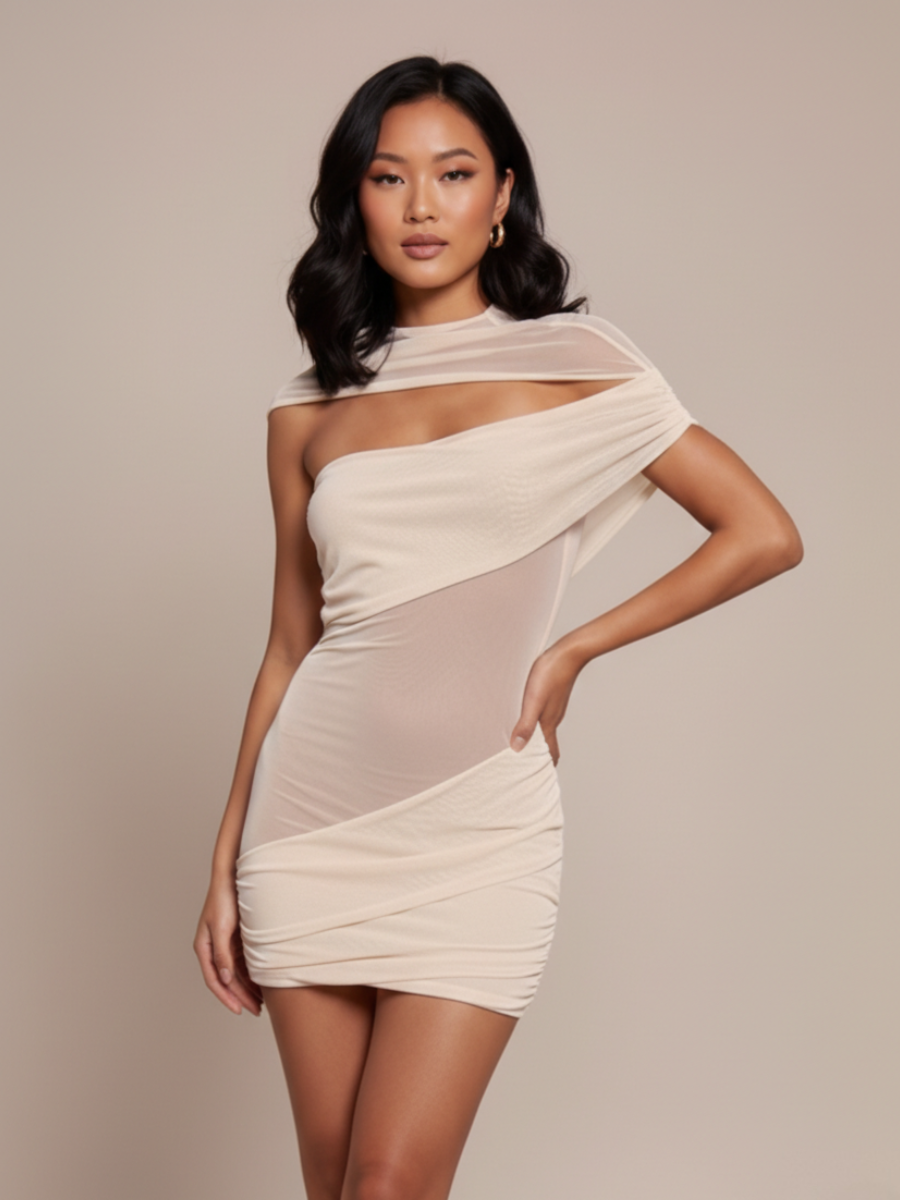 One-Shoulder Mesh Mini Dress