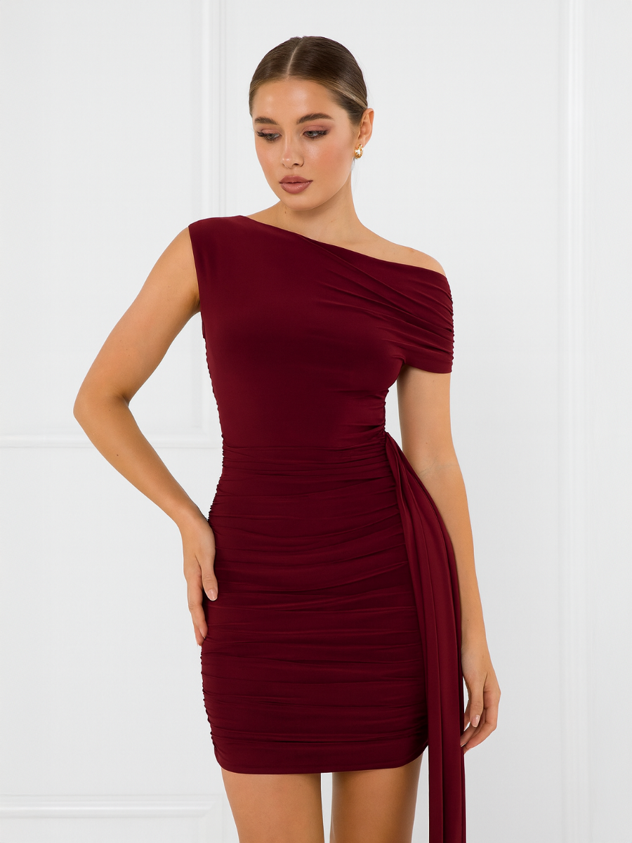 Ruched Slinky Bodycon Dress With Drape Detail