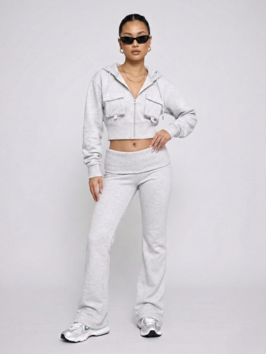 Front Pocket Hooded Top & Fold Over Waist Trouser Fleece Set