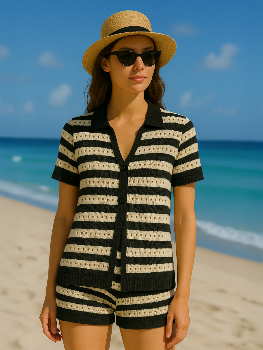 Stripe Crochet Knitted Top and Mirco Shorts