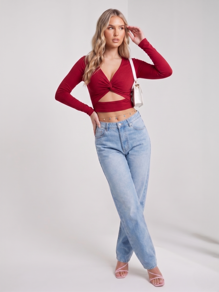 Long Sleeves Twist Knot Cut Out Crop Top