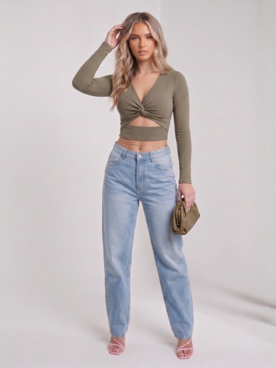 Long Sleeves Twist Knot Cut Out Crop Top