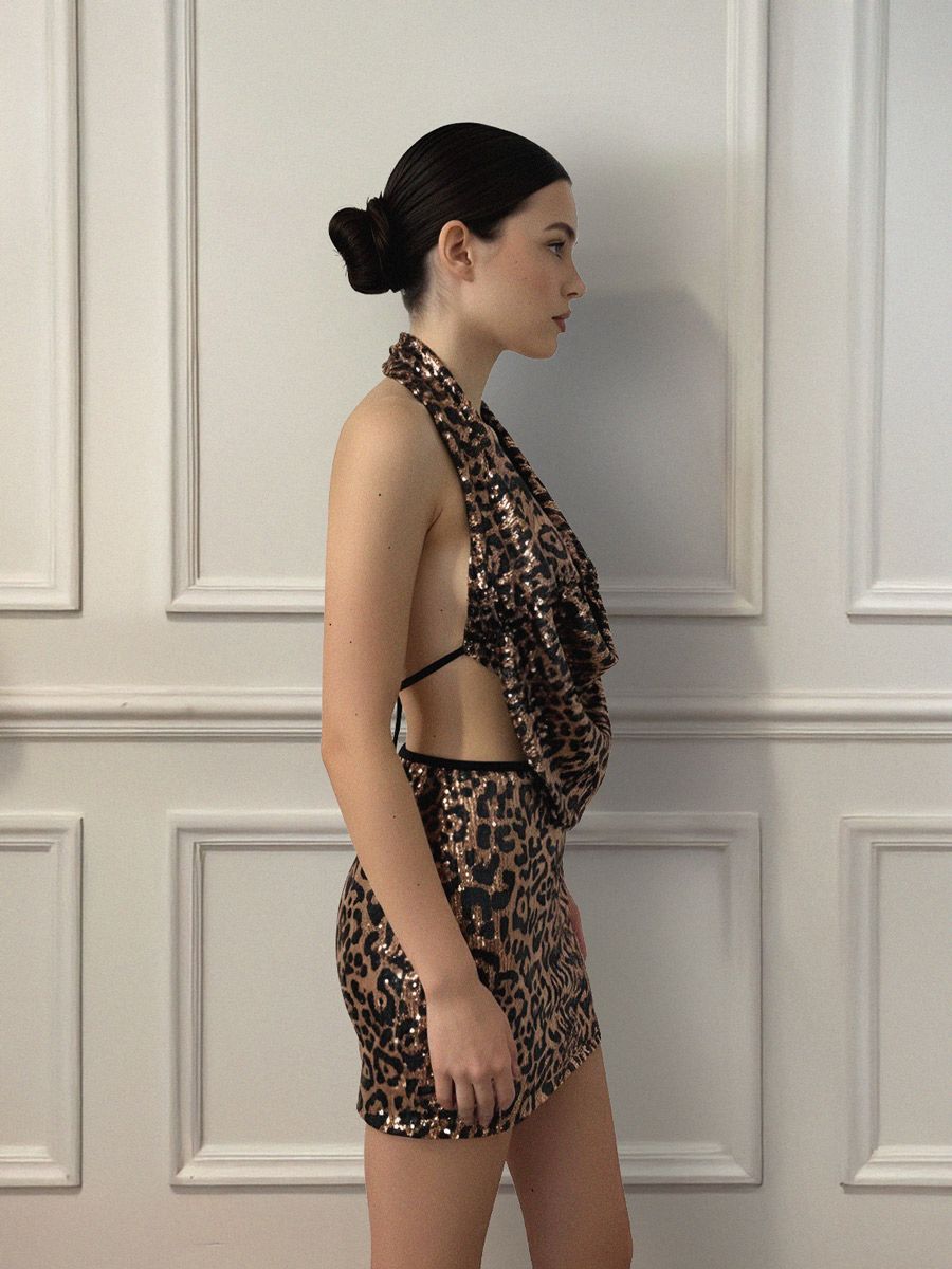 Starfish Leopard Print Sequin Halter-Neck Top & Mini Skirt Co-ord