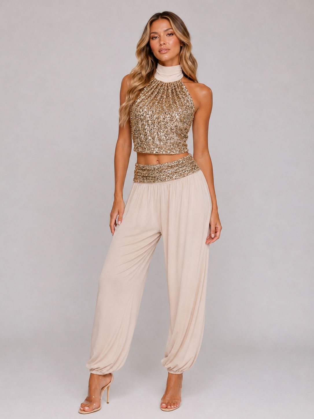 Gold Sequin Halter Top & Wide-Leg Trouser Co-Ord Set