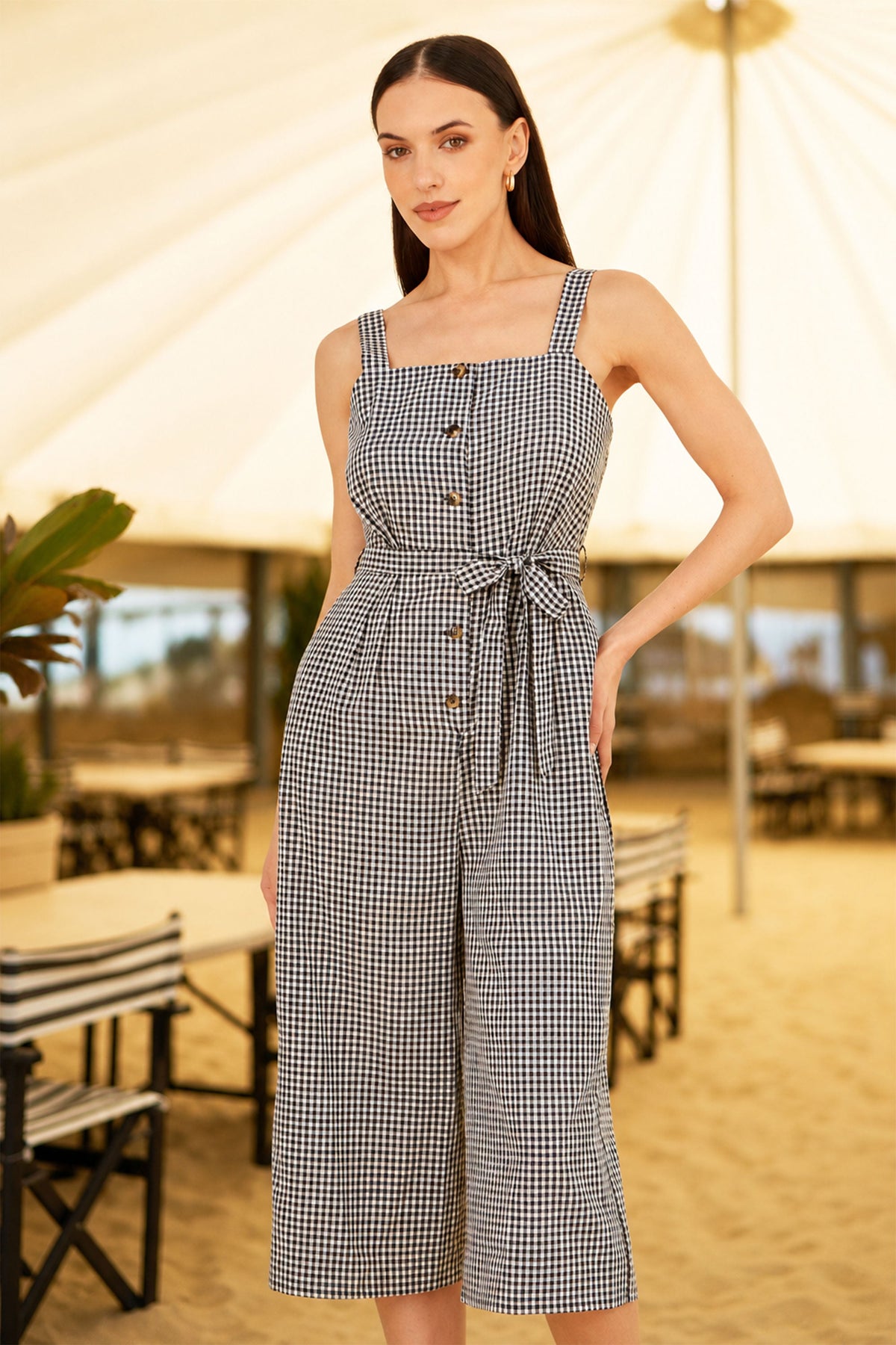 Yumi Black Gingham Button Through Jumpsuit