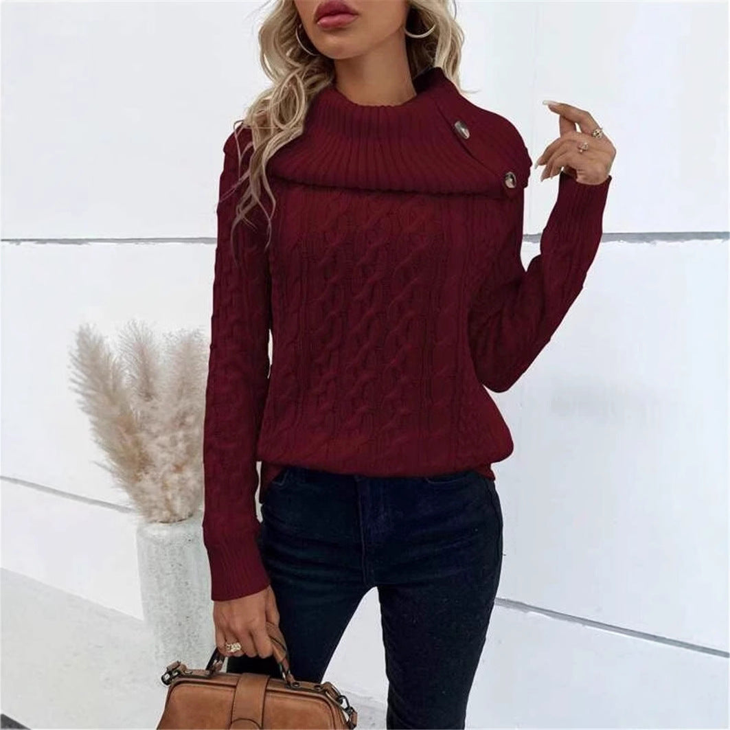 Twisted Knitted Turtleneck Buttons Raglan Sleeve Sweater