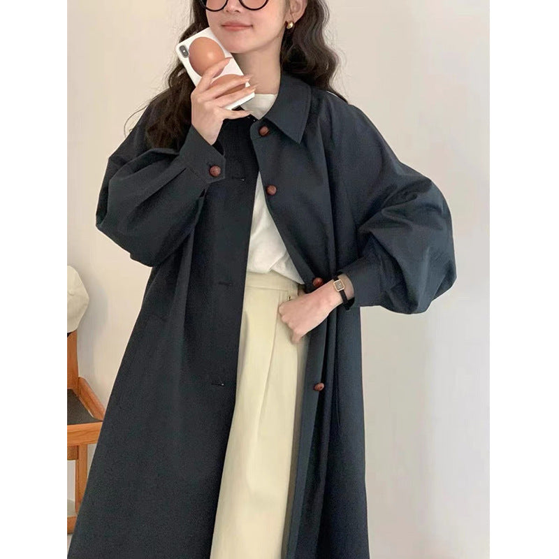 Retro A- Line Lantern Sleeve Mid-length Trench Coat For Women