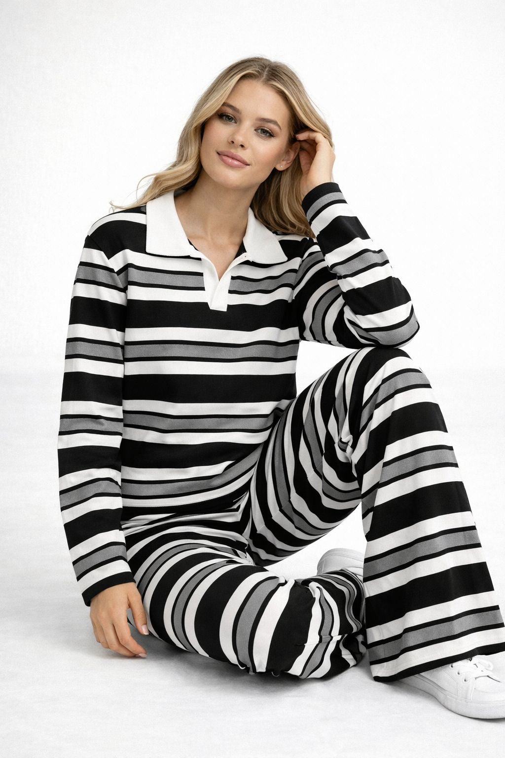 Striped Collar Top and Wide Leg Trouser Co-Ord